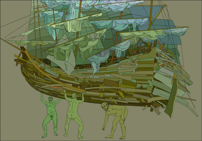 Statek męże zdobi; 2012; techn. mieszana, płótno; 140x200 cm.